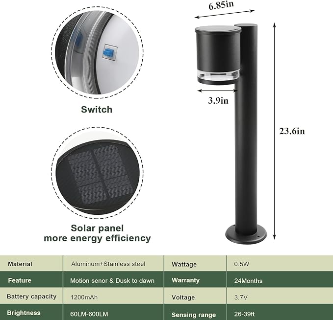 Solar Landscape Pathway Lights Outdoor LED Waterproof Solar Driveway Lights 24in Black Floor Lamp Low Voltage for Lawn Walkway Driveway Patio,3000K