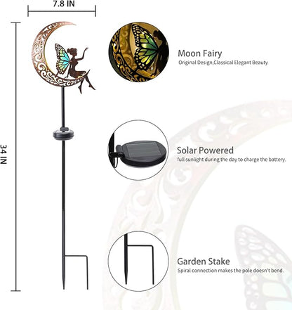 Bshine Moon Solar Light Outdoor Garden Decor,2 Pack Moon Fairy Garden Statue Decor,Metal Waterproof Light Stake for Patio, Path, Yard and Lawn Ornament, Housewarming Gift for Mom