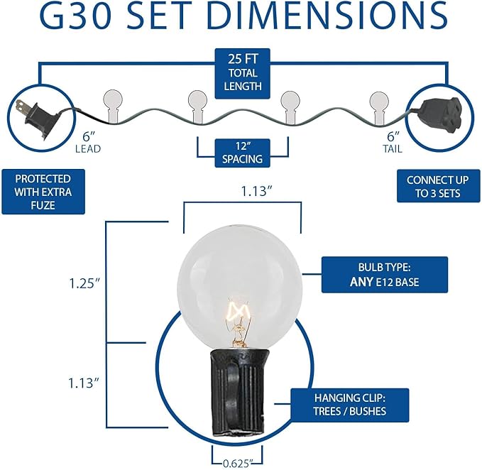 25 Foot G30 Outdoor Patio String Lights with 25 Red Globe Bulbs – Indoor Outdoor String Lights – Market Bistro Café Hanging String Lights – C7/E12 Base - Green Wire