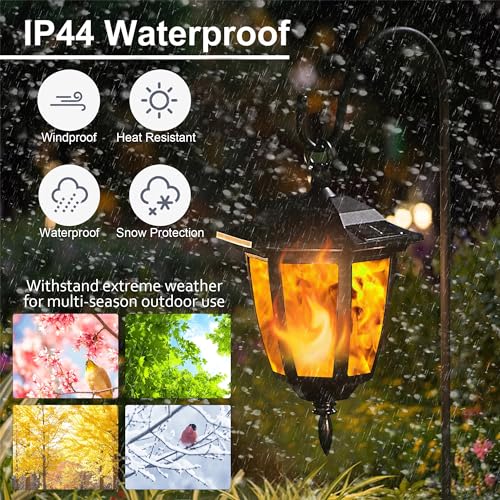 6 Pack Solar Flame Hanging Lights Outdoor, Halloween Solar Flickering Flame LED Garden Lanterns with 6 x 38 Inch Shepherd Hooks, Christmas Lighting for Lawn Patio Yard Pathway Driveway