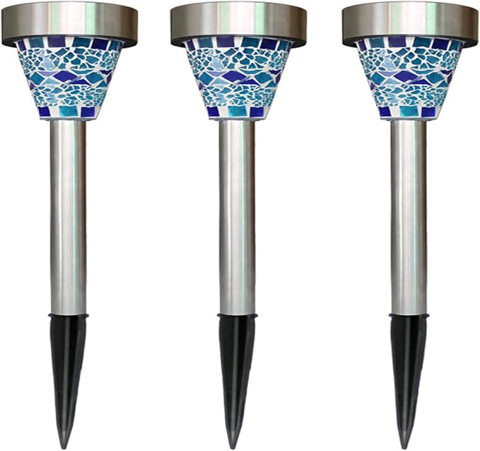 Lxcom Lighting Solar Mosaic Pathway Lights Outdoor Solar Garden Lights Outdoor Solar Lawn Lights Decorative Solar Path Lights Waterproof for Lawn Garden Yard Patio, 3 Pack(Blue)