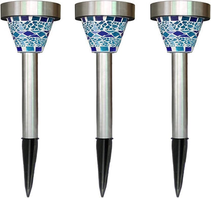 Lxcom Lighting Solar Mosaic Pathway Lights Outdoor Solar Garden Lights Outdoor Solar Lawn Lights Decorative Solar Path Lights Waterproof for Lawn Garden Yard Patio, 3 Pack(Blue)