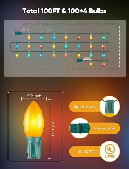 Vintage C9 LED Christmas Lights Outdoor, 100 Feet C9 String Light with 100 Shatterproof Bulbs, Waterproof Connectable Commercial Christmas Tree Lights for Outside Roofline Patio Decor, Multicolor