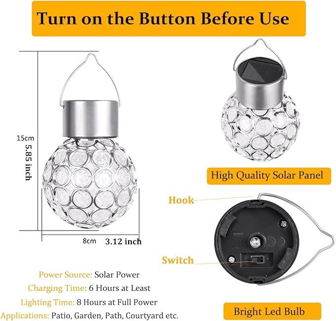 2 Pack Hanging Solar Light Outdoor, Decorative Solar Powered Waterproof Ball Shaped Night Light, Hanging Globe Solar Lights for Gardens, Yards, Patios, Lawns (White Light)