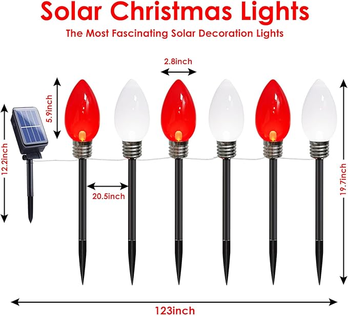 Jumbo C9 Christmas Decorations Outdoor Waterproof, 12 Pack Red And White Solar Christmas Lights Outdoor With Pathway Stakes, Solar Powered Lights For Outside Yard Lawns Garden Christmas Decorations