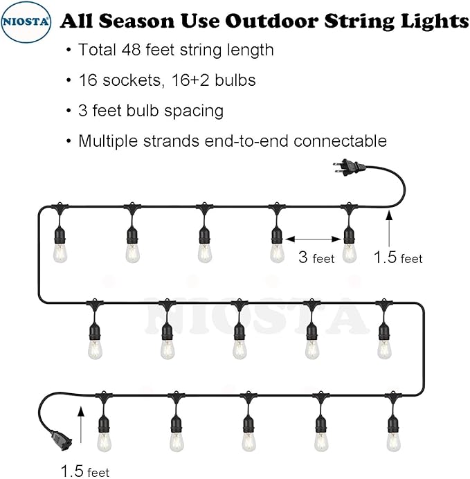 48Ft Outdoor Hanging String Lights,16 LED S14 Vintage Bulbs,Heavy Duty 120V Plug in & Connectable,Dimmable | Lumora