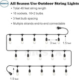 48Ft Outdoor Hanging String Lights,16 LED S14 Vintage Bulbs,Heavy Duty 120V Plug in & Connectable,Dimmable | Lumora