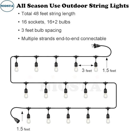 48Ft Outdoor Hanging String Lights,16 LED S14 Vintage Bulbs,Heavy Duty 120V Plug in & Connectable,Dimmable Waterproof Patio Lights,2700K Shatterproof Plastic Bulb
