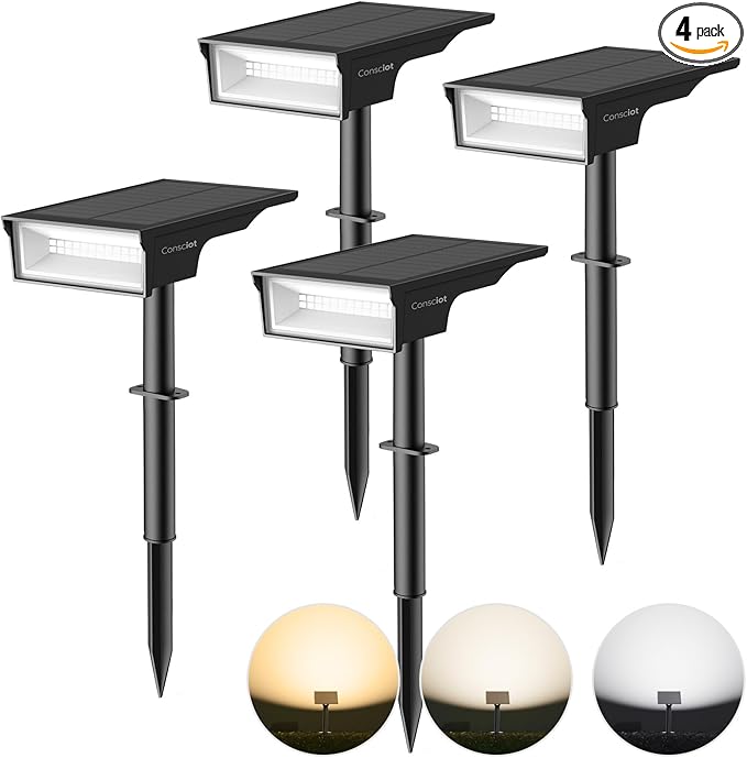 Consciot Solar Lights Outdoor Waterproof, 3000/5000/6500K Solar Garden Light, Adjustable 170° Spot Lights for Outside Yard Landscape Lighting Pathway Halloween, IP65, Auto On/Off, 4 Pack, WS002UCW