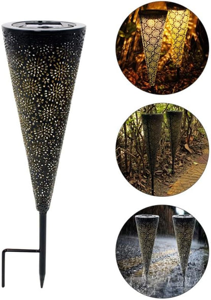 Hemoton Solar Outdoor Lawn Lights with Metal Hollow Cone Design Cordless Solar Garden Spot Lights for Patio Pathway Yard Landscape Lighting Easy Installation