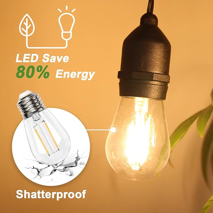 BRIMAX 12FT Outdoor String Lights with 5 LED Bulbs Outdoor Lights Shatterproof Edison Bulb Commercial Grade Waterproof LED Outside Light for Bistro Gazebos Porch Patio Garden