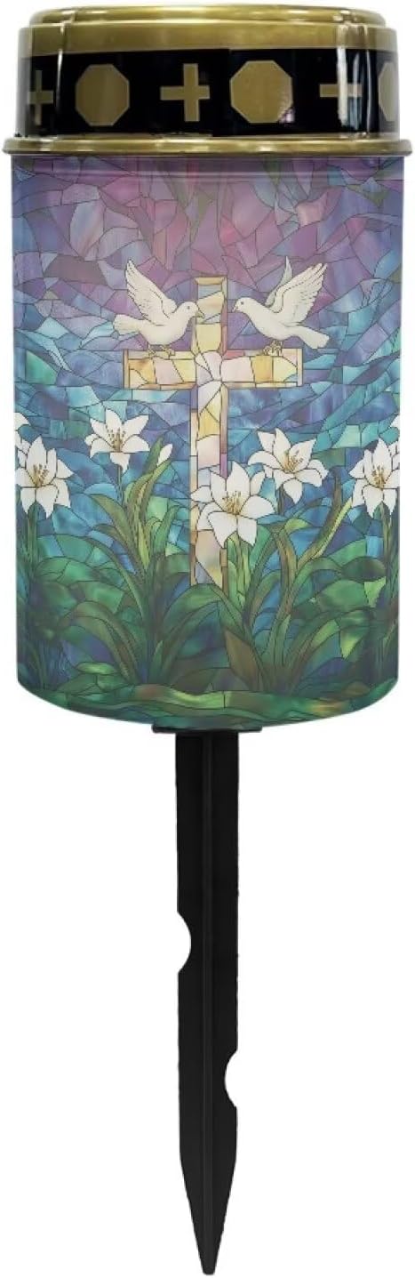 Solar Lighted Cross Pigeon Lily Print Waterproof Solar Grave Outdoor Lights for Cemetery Landscape Path Flamesless Candle Garden Stake Light for Outdoor Yard Patio