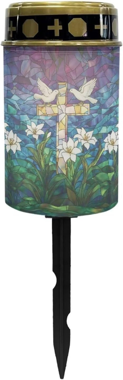 Solar Lighted Cross Pigeon Lily Print Waterproof Solar Grave Outdoor Lights for Cemetery Landscape Path Flamesless Candle Garden Stake Light for Outdoor Yard Patio