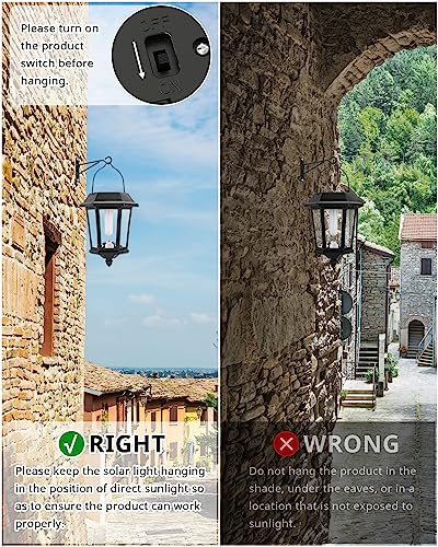 Solar Lanterns Outdoor Waterproof, Hanging Solar Lights with Glass Shade - 2 Pack LED Metal Wall Mount Outdoor Light for Yard/Garden/Patio - Flame