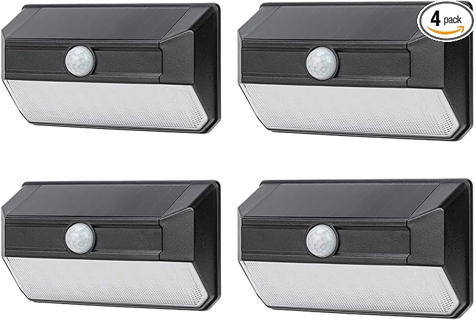 Home Zone Mesh Linkable Series 4-Pack Solar SMD LED Security Wall Pack Light, 800LM, Auto-Linking, 120°x26 ft Motion Detection, 3000L Warm White, 800 Lumens, Customizable 4-Channel Settings, Black
