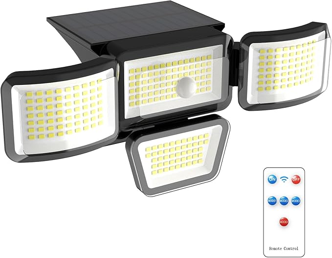 JJX Solar Outdoor Lights 3000LM 278 LED, 1 Pack 4-Head Motion Sensor Outdoor Lights, 6500K IP65 Waterproof 4 Lighting Modes Solar Security Light for Yard Garden Driveway with Remote Control