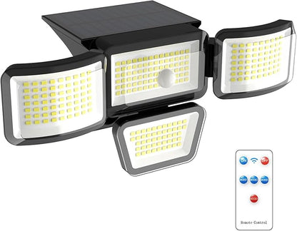JJX Solar Outdoor Lights 3000LM 278 LED, 1 Pack 4-Head Motion Sensor Outdoor Lights, 6500K IP65 Waterproof 4 Lighting Modes Solar Security Light for Yard Garden Driveway with Remote Control