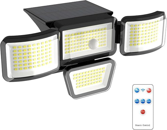 JJX Solar Outdoor Lights 3000LM 278 LED, 1 Pack 4-Head Motion Sensor Outdoor Lights, 6500K IP65 Waterproof 4 Lighting Modes Solar Security Light for Yard Garden Driveway with Remote Control
