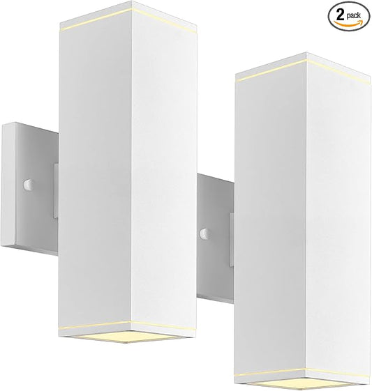 Ken & Ricky Outdoor Wall Light Fixture,Exterior Lighting Fixtures,Modern Sconce Lights for Porch Patio Garage Front Door (White,Square,No Sensor,2PK)