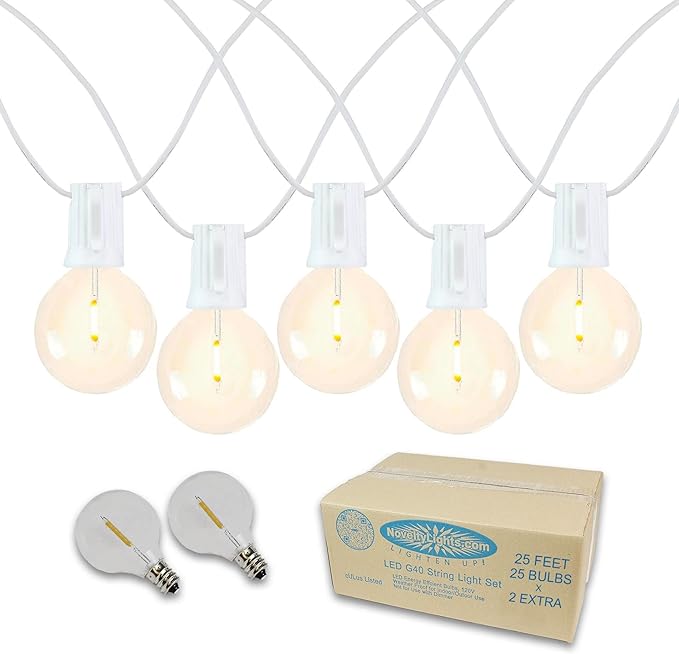 Novelty Lights 25 Feet G40 LED Patio String Light Set with 25 Bulbs, Warm White, Weather Resistant and Shatterproof Replaceable Plastic Globe Bulbs, White Wire