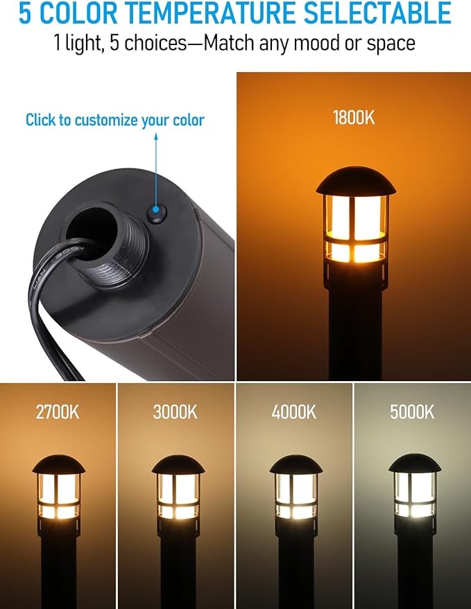 LEONLITE 5CCT Low Voltage Landscape Pathway Lights, 3W 12V AC/DC Landscape Lighting, IP65 CRI90+ Pathway Lighting Wired for Yard Lawn, Aluminum, Oil Rubbed Bronze, ETL Listed, 1800-5000K, Pack of 6