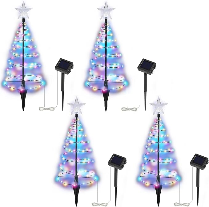 Dynaming 4 Pack Solar Spiral Christmas Trees with Lights, 19" Outdoor Light Up Christmas Pathway Markers with Colorful Lights, Waterproof & Auto On/Off Xmas Decoration for Patio Yard Walkway Driveway