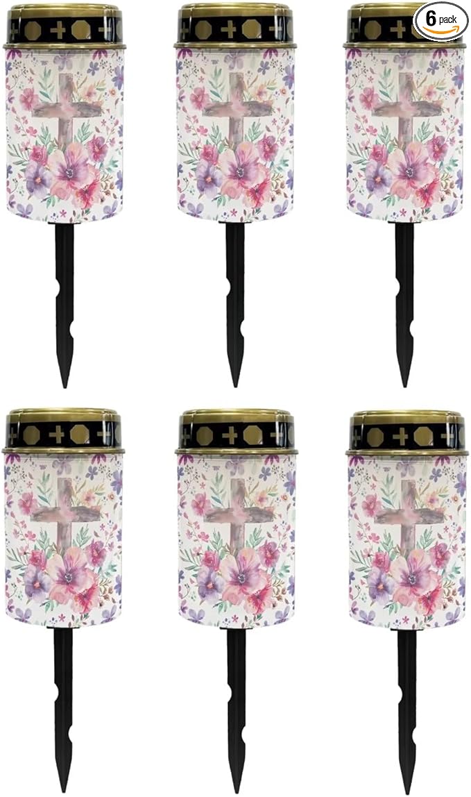 Poceacles Cross Solar Lights - Outdoor Waterproof Cemetery Lights with Solar Powered Grave Lanterns for Lawn, Garden Pathway - Pink Purple Floral Cross, Pack of 6