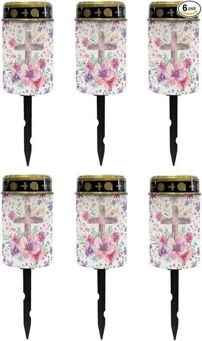 Poceacles Cross Solar Lights - Outdoor Waterproof Cemetery Lights with Solar Powered Grave Lanterns for Lawn, Garden Pathway - Pink Purple Floral Cross, Pack of 6