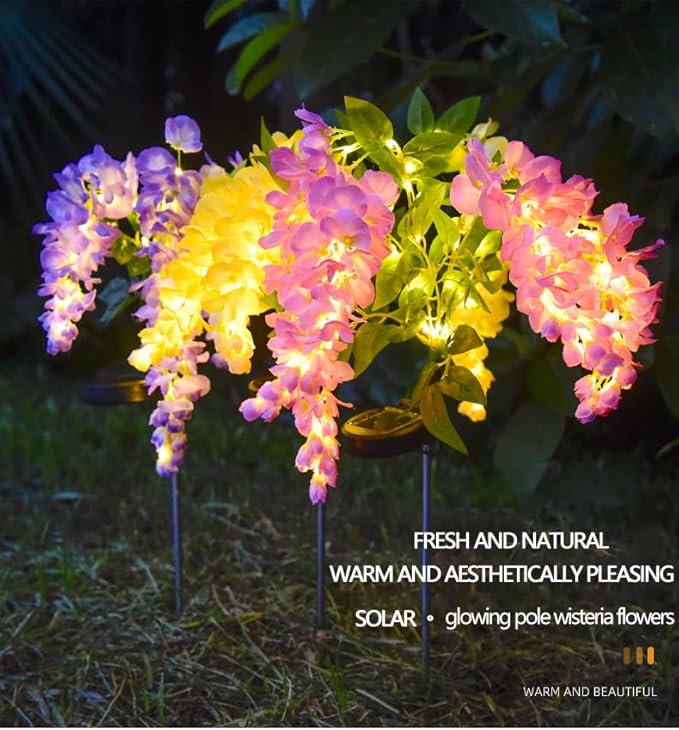 2 Pack Solar Garden Lights Wisteria Flower IP65, Outdoor Waterproof, Warm Light & 2 Lightning Modes, for Gardens, patios, courtyards, and Holiday/Wedding Decorations (Blue & Purple)