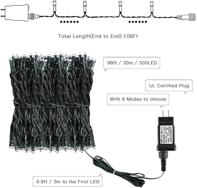 AmyHomie Color Changing Halloween Lights, 108Ft 300LED Warm White&Multicolor Christmas String Lights, 8 Modes | Lumora