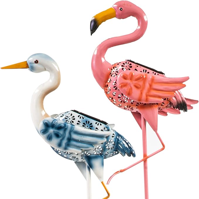 Crosslight Flamingo & Crane Solar Garden Stake | Waterproof LED Decor Light for Yard, Law, Patio, Porch, Pathway | 8 Hours Illumination with Rechargeable Battery Included - 2 Pack