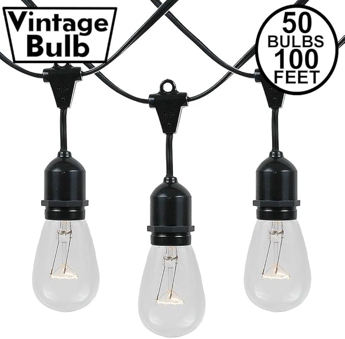 Novelty Lights 100 Feet, 50 Suspended E26 Sockets, S14 String Light Set with Clear Incandescent Bulbs, Heavy Duty | Lumora