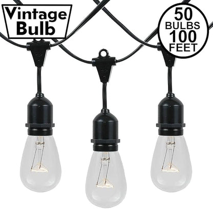 Novelty Lights 100 Feet, 50 Suspended E26 Sockets, S14 String Light Set with Clear Incandescent Bulbs, Heavy Duty Black Wire Patio Lights, Weather Resistant, Non-Connectable