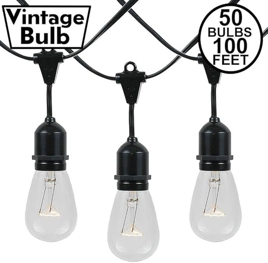 Novelty Lights 100 Feet, 50 Suspended E26 Sockets, S14 String Light Set with Clear Incandescent Bulbs, Heavy Duty Black Wire Patio Lights, Weather Resistant, Non-Connectable