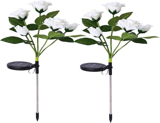 Dioche 2PCS Solar Flower Lights Outdoor - RGB Color LED Decorative Stakes Lights for Garden Pathway Walkway - Rose Light for Landscape Security - 80cm Height (White)