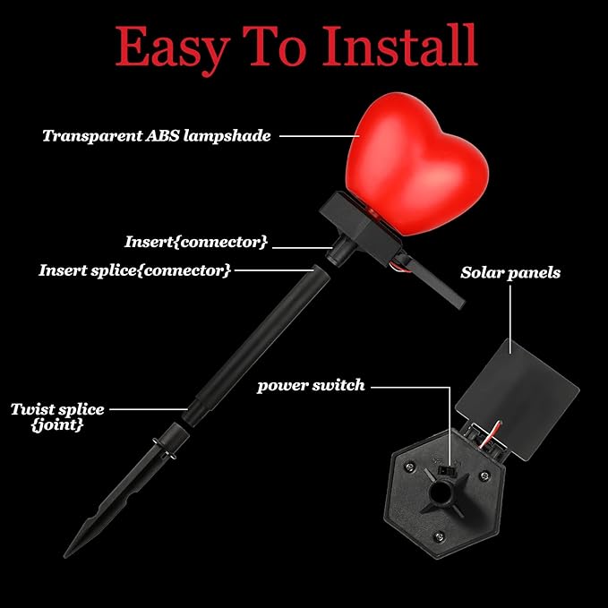 Hortsun 8 Pack Valentine's Day Solar Stake Lights Red Heart Waterproof LED Lights for Patio Lawn Outdoor Pathway Walkway Landscape Garden Decoration