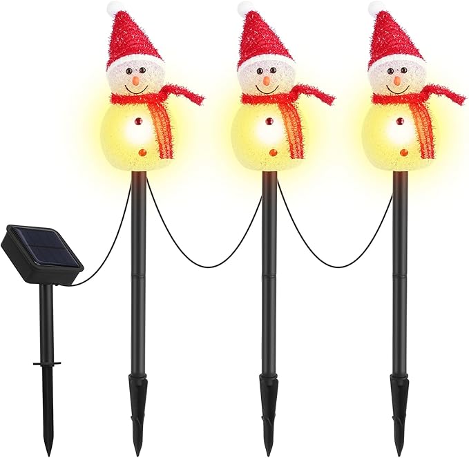 Set of 3 Snowman Solar Christmas Decorations, Solar Garden Stake Lights, IP55 Waterproof Solar Walkway Lights for Your Garden, Landscape, Path, Yard, Patio, Driveway, Pathway (Warm White)