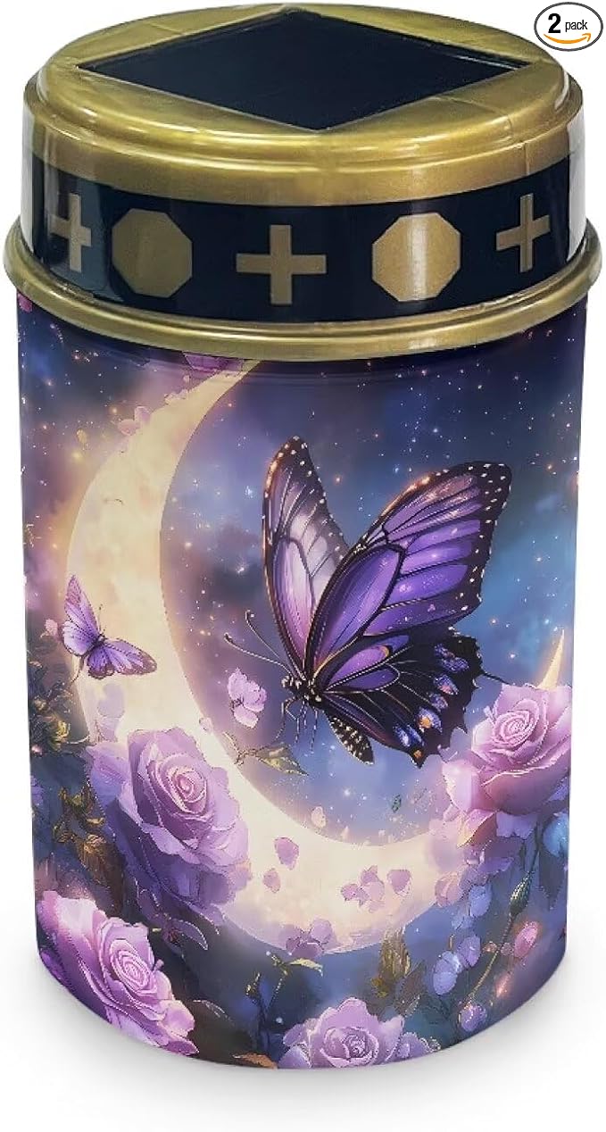 HUGS IDEA Moon Butterfly Solar Grave Lights Rose Solar Path Lights for Outdoor Garden Waterproof Solar-Powered Lighting for Gardens Yard Patios & Memorial Night