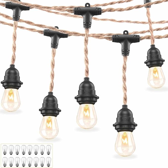 EE Eleven Master 48 FT Hemp Rope Outdoor String Lights Waterproof Patio Lights with 15 Shatterproof Heavy-Duty Commercial Grade Connectable Weatherproof E26 S14