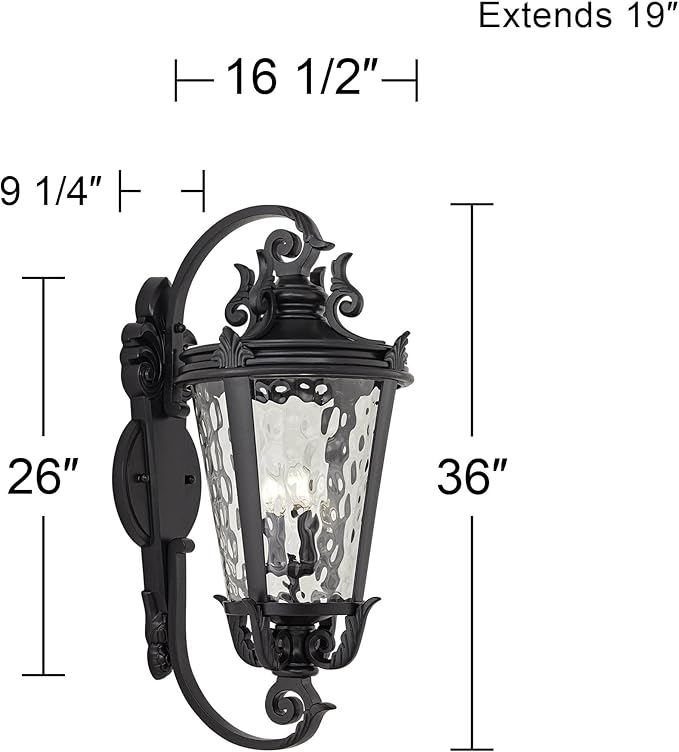 John Timberland Marseille Vintage Large Outdoor Wall Light Fixture Textured Black Scroll 36" Clear Hammered Glass | Lumora