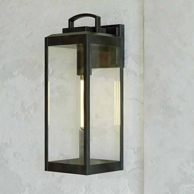 VAXCEL Kinzie Outdoor Porch Light, 7" W x 19" H Black Outdoor Lantern, Modern Dusk to Dawn Wall Light for Porch | Lumora