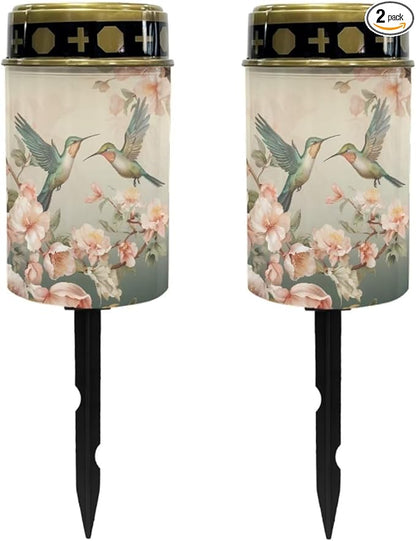 Poceacles Solar Lights - Outdoor Grave Lights for Cemetery Decoration, Hummingbird Flower Beige, Pack of 2