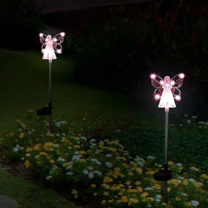 2pcs Fairy Garden Ornaments Outdoor Solar Pathway Lights, Flower Fairy Resin Figurine Lamp for Courtyard Lawn, Commemorate Gift (Pink)
