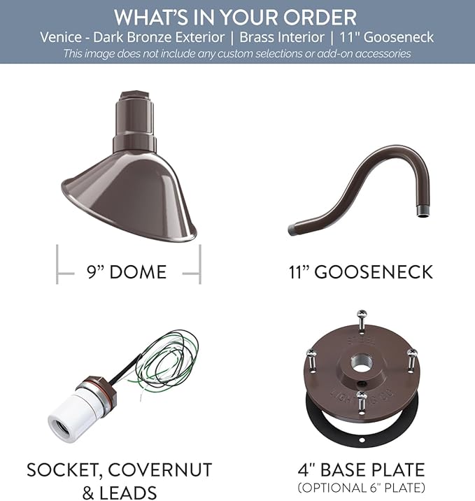 Steel Lighting Co. Venice Store Sign Light | for Outdoor Restaurant Accent Wall | 9 inch Dome | 11" Gooseneck | Made in America | Dark Bronze Exterior/Brass Interior