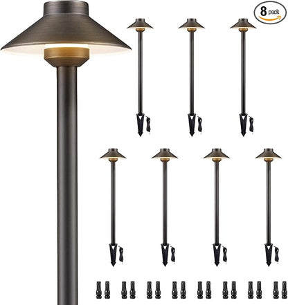 Gardenreet Brass Low Voltage Path Lights - 12V Landscaping Pathway Lamp IP65 Waterproof, Wired Walkway Lighting Outdoor, LED Mushroom-top Bronze for Lawn Backyard Garden G4 Bulb Not Included (8 Pack)