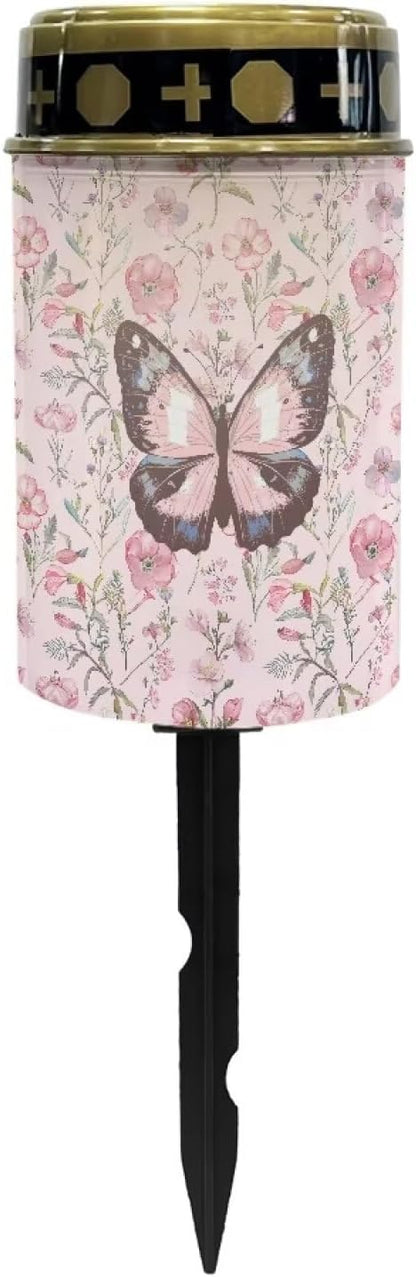 Butterfly Floral Print Solar Cross Lights Cemetery Solar Lights for Grave Decorations Outdoor,Memorial of Mother,Unique Gardening Gifts for Lawn Yard Garden Decor
