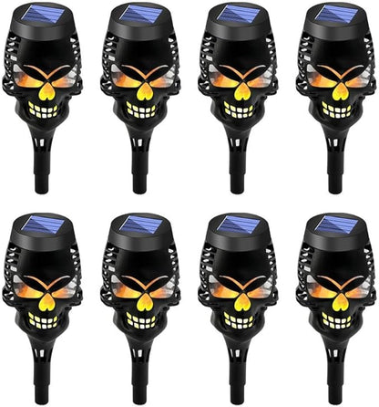 8pcs Solar Skull Torch Lights Waterproof For Outdoor Halloween Garden Pathway Lighting And Decorative Lighting With IP65 Weather Resistance