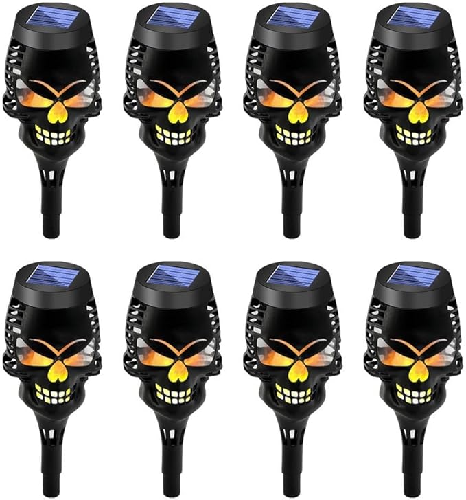 8pcs Solar Skull Torch Lights Waterproof For Outdoor Halloween Garden Pathway Lighting And Decorative Lighting With IP65 Weather Resistance