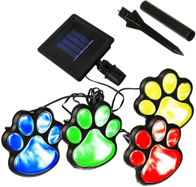4 Solar Dog Animal Paw Print Lights Garden Statue Lantern Led Path 3" Light Lamp for Outdoor Garden Path Landscape Walkway Yard (Colorful)