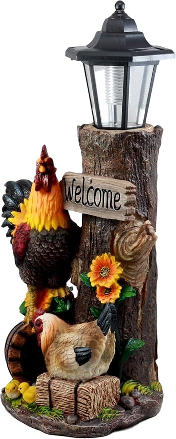 Ebros Country Farm Rooster Hen and Chicks Family by Sunflowers Solar LED Light Lantern Welcome Sign Statue Path Lighter 18.25" Tall